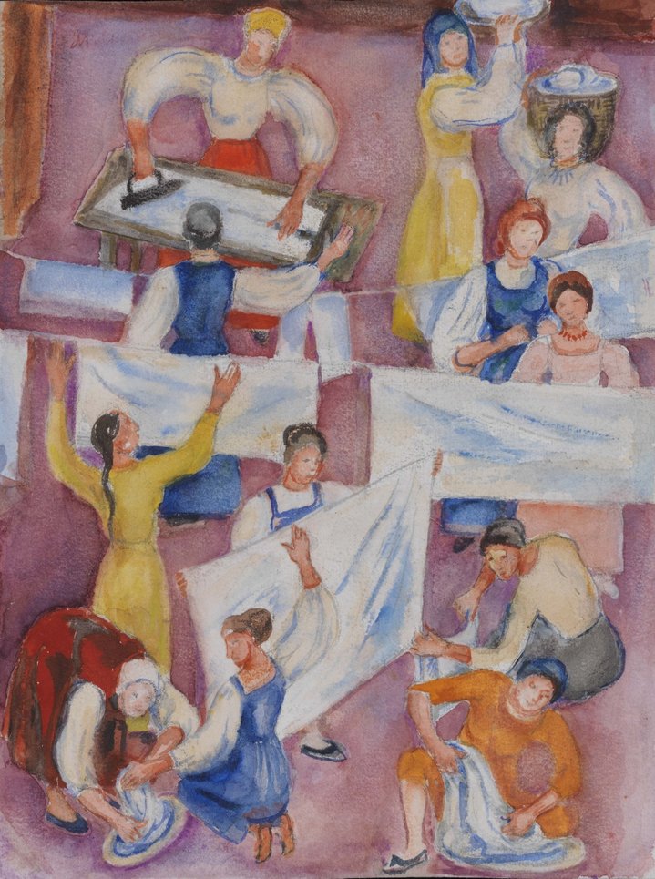 soviet art, woman artist, washerwomen, watercolor