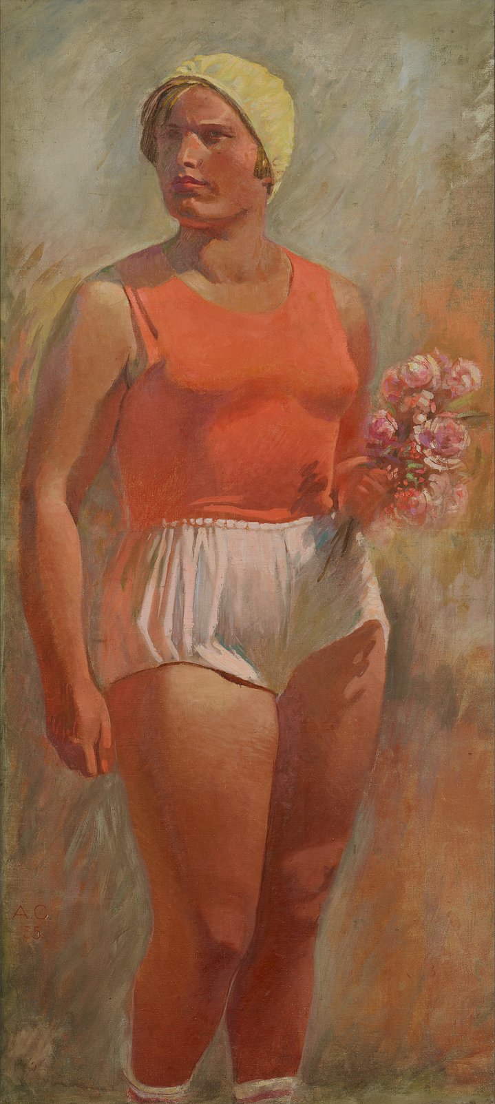 soviet art, sportswoman, bouquet, portrait