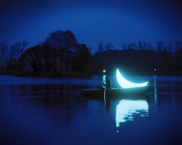 moon, boat, sailing, installation